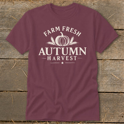 Burgundy t-shirt with white "Farm Fresh Autumn Harvest" text and pumpkin graphic.