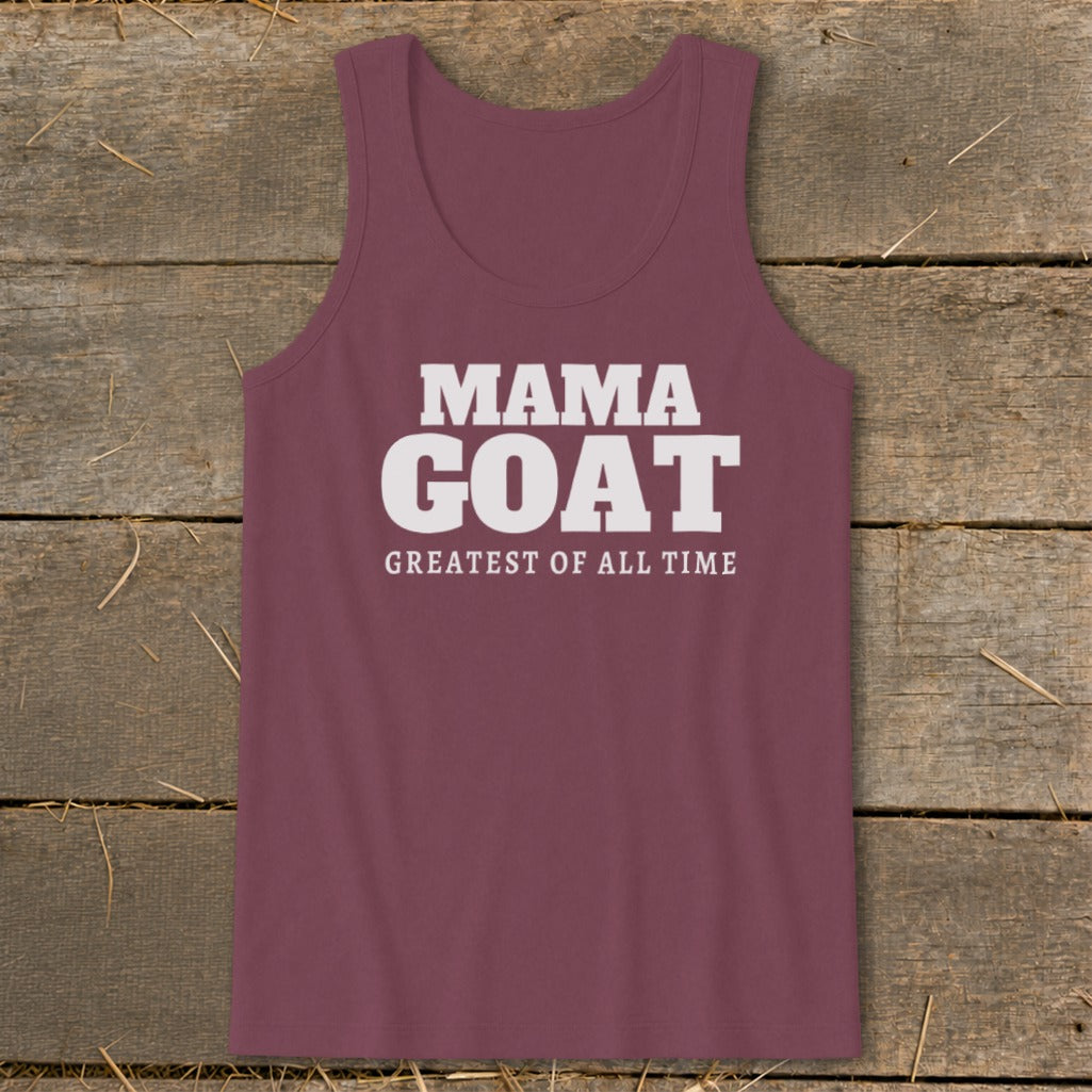 Maroon tank top with white text "MAMA GOAT GREATEST OF ALL TIME".