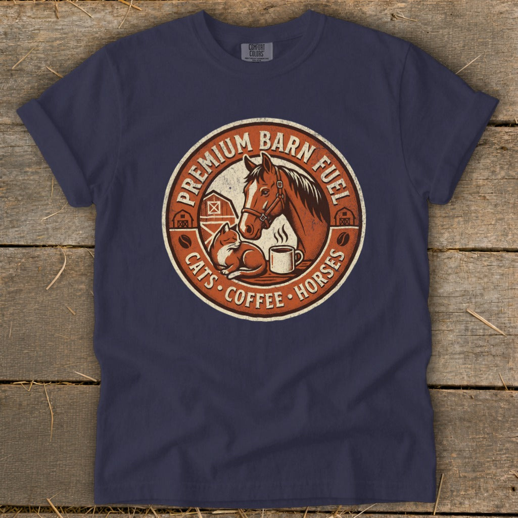 Barn scene with horse and cat, "Premium Barn Fuel Cats Coffee Horses" text.