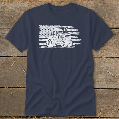 Navy t-shirt with white distressed tractor and American flag graphic.