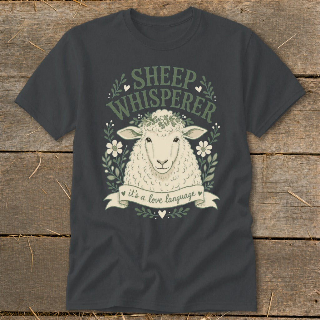 Sheep whisperer graphic with sheep, flowers, and text "it's a love language".