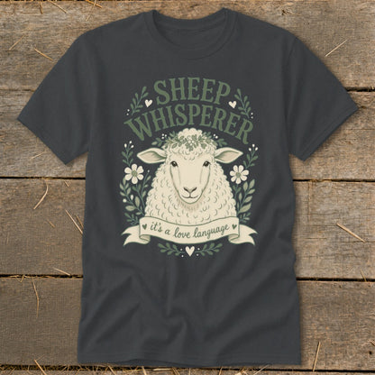 Sheep whisperer graphic with sheep, flowers, and text "it's a love language".