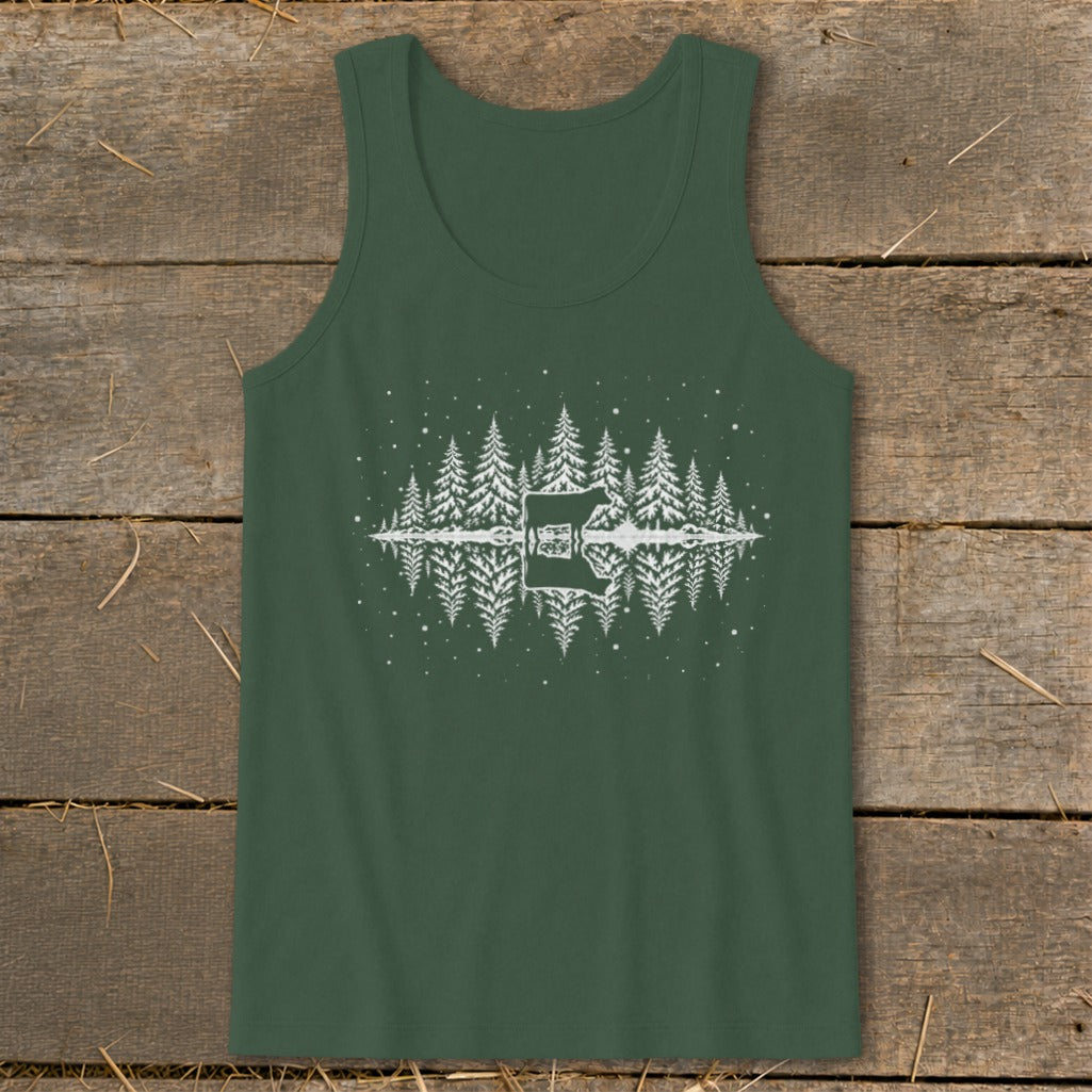 Dark green tank top with white cow and pine tree reflection graphic.