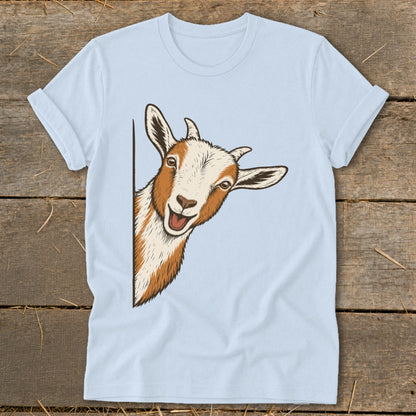 Light blue t-shirt with a cartoon goat peeking from the side.
