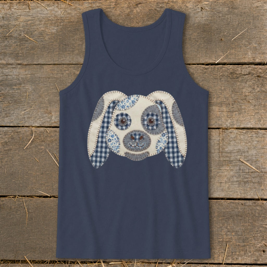 Navy tank top with a blue and white patchwork dog face applique.