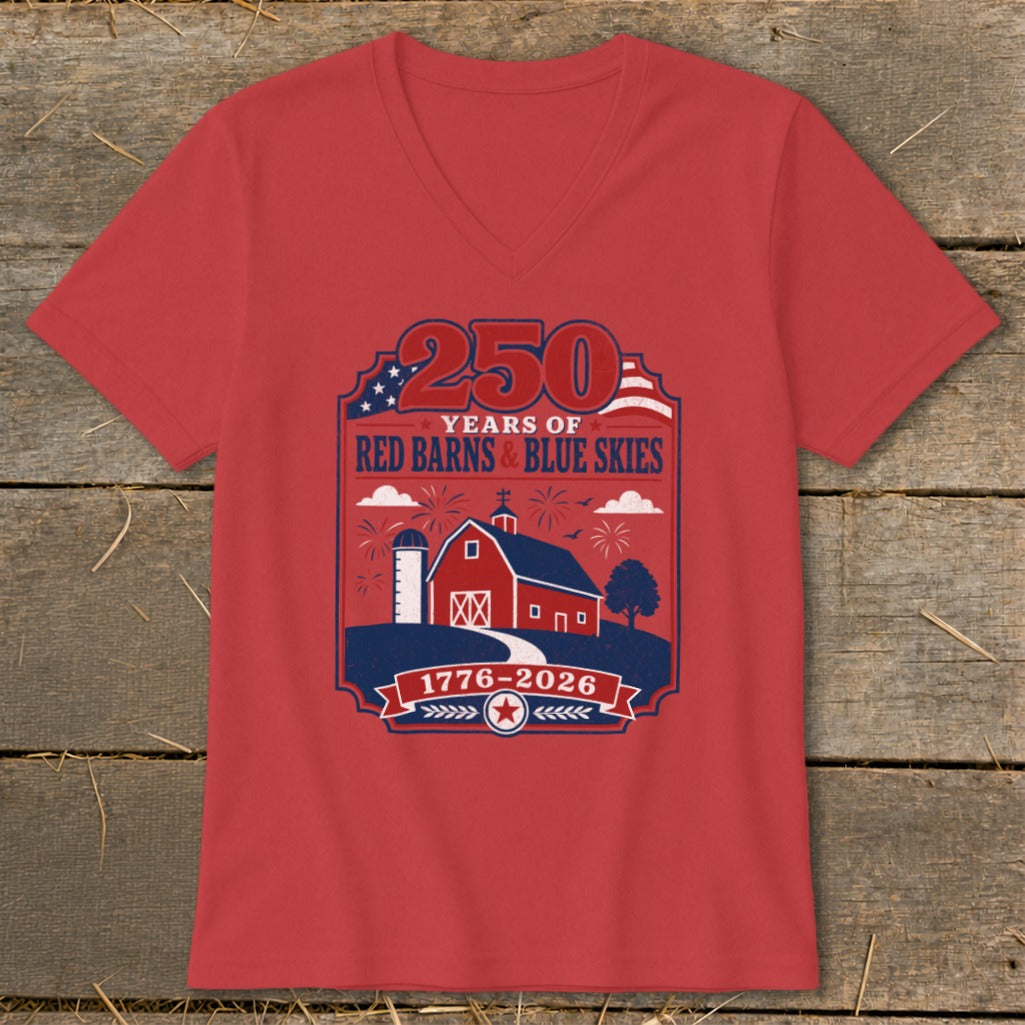 Red t-shirt with graphic celebrating "250 Years of Red Barns & Blue Skies" and dates 1776-2026.