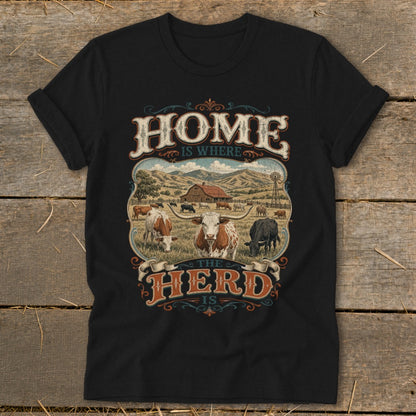 Black t-shirt with "HOME IS WHERE THE HERD IS" text and farm scene with cattle.
