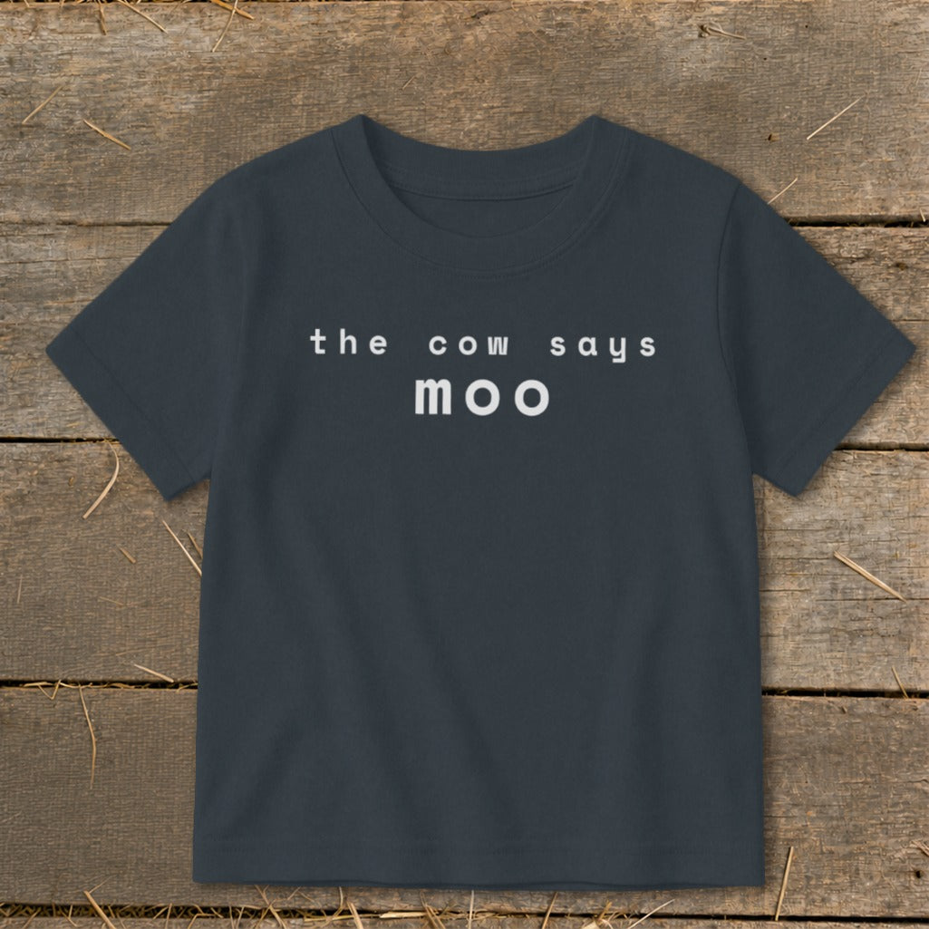 Dark gray t-shirt with "the cow says moo" text in white.