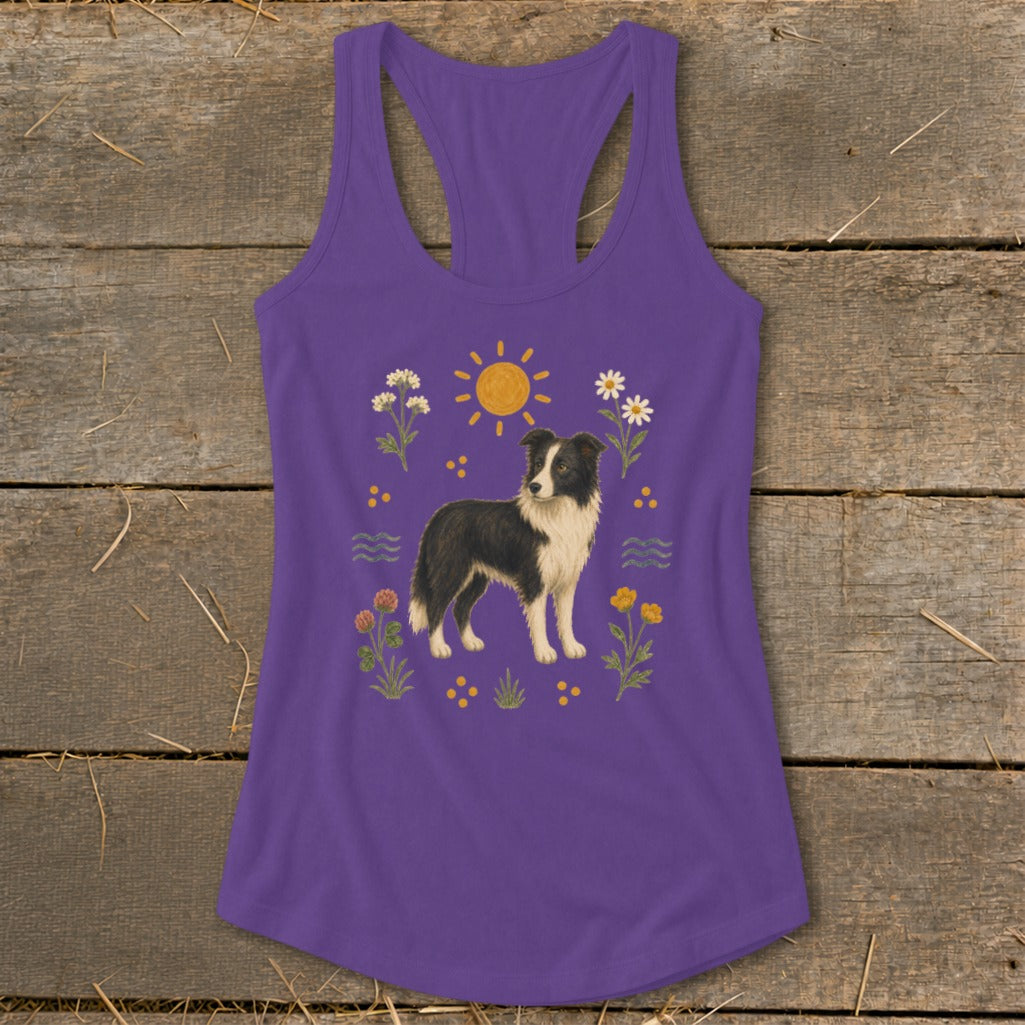 Purple tank top with border collie and floral print.