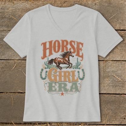 Gray v-neck t-shirt with "Horse Girly Era" text and a running horse graphic.