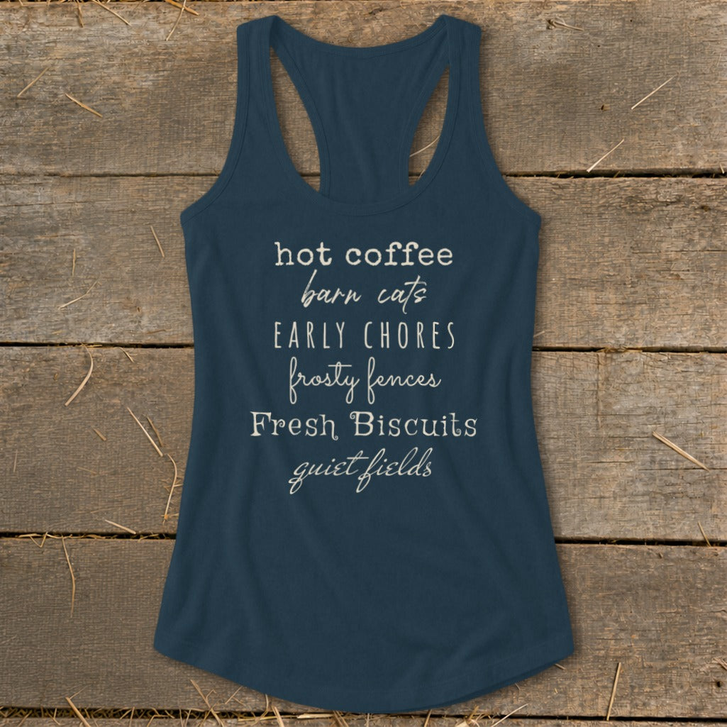 Navy tank top with "hot coffee barn cats EARLY CHORES frosty fences Fresh Biscuits quiet fields" text.
