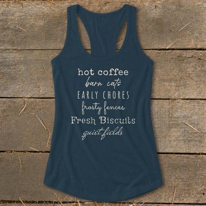 Navy tank top with "hot coffee barn cats EARLY CHORES frosty fences Fresh Biscuits quiet fields" text.