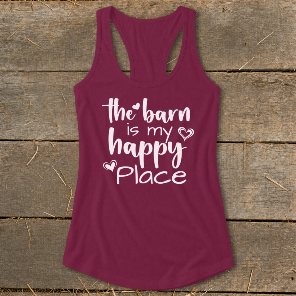 Maroon tank top with white text reading "the barn is my happy place".