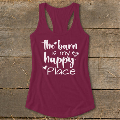 Maroon tank top with white text reading "the barn is my happy place".