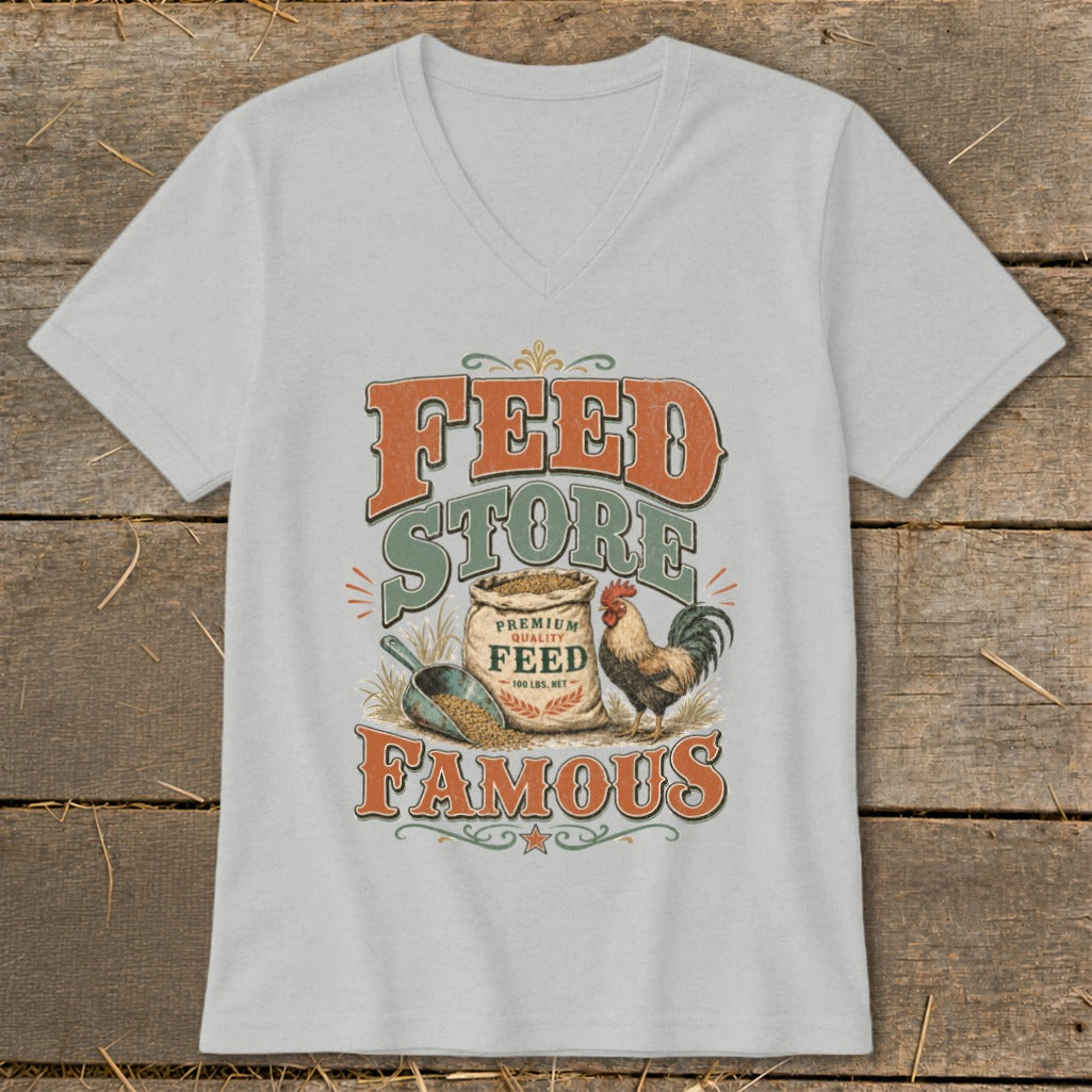 Feed Store Famous graphic with rooster, scoop, and bag of feed.