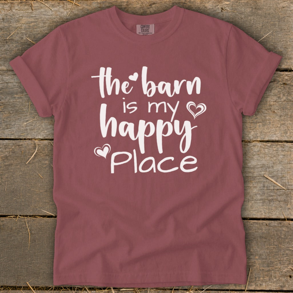 Burgundy t-shirt with white text: "the barn is my happy place".
