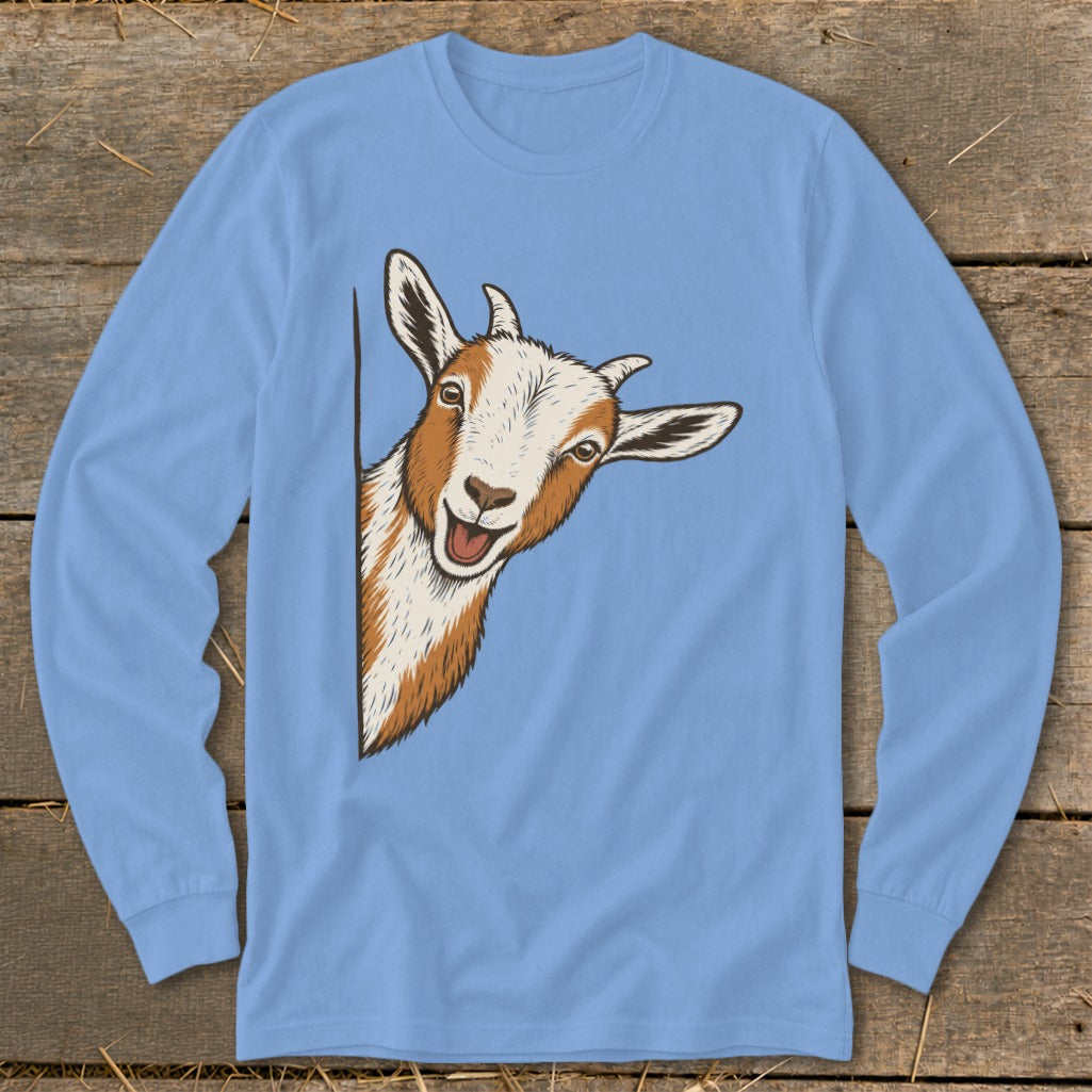 Cartoon goat peeking from the side on a light blue long-sleeve shirt.