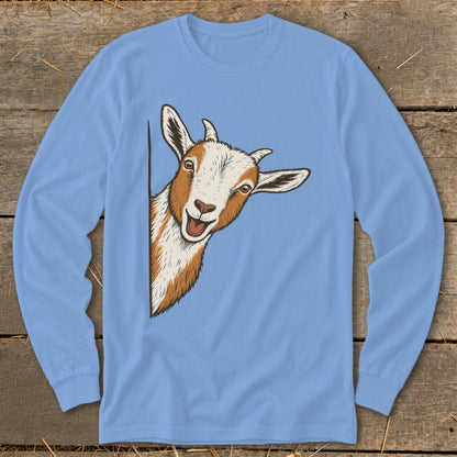 Cartoon goat peeking from the side on a light blue long-sleeve shirt.