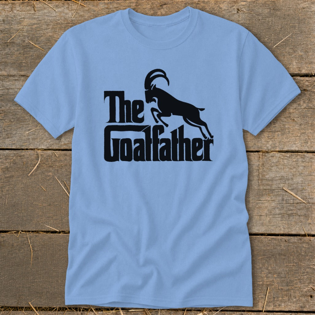 Light blue t-shirt with black "The Goatfather" text and goat silhouette.