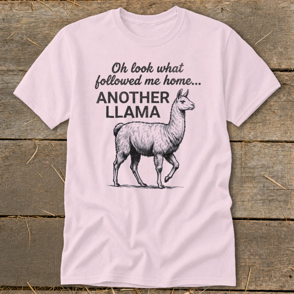 Pink t-shirt with a llama illustration and the text "Oh look what followed me home... ANOTHER LLAMA".