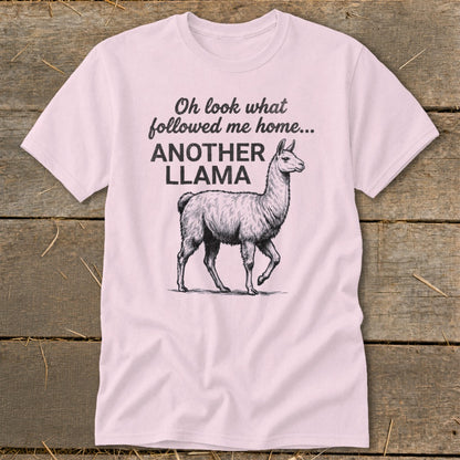 Pink t-shirt with a llama illustration and the text "Oh look what followed me home... ANOTHER LLAMA".