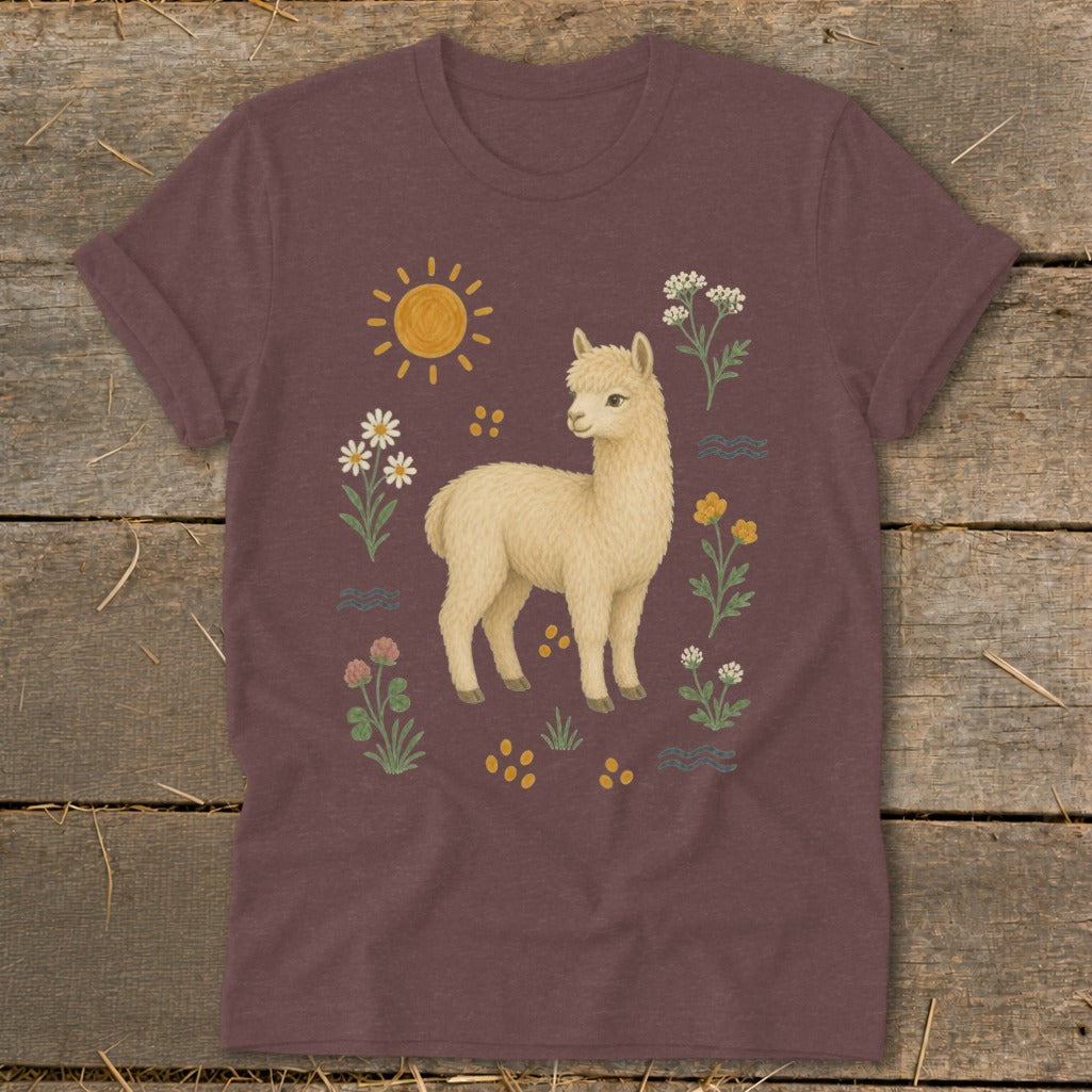 T-shirt with cream alpaca surrounded by wildflowers and a sun graphic.