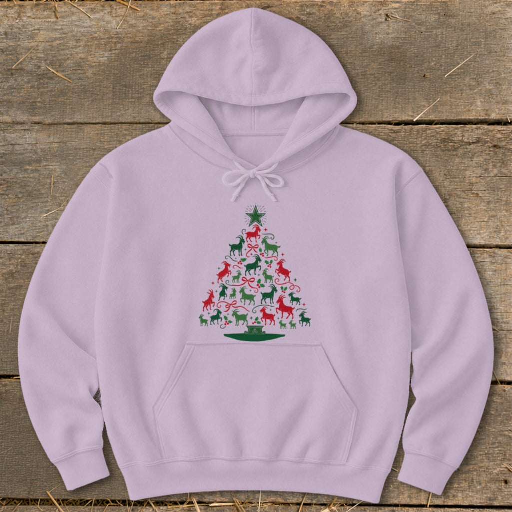 Light purple hoodie with Christmas tree design made of red and green goats.