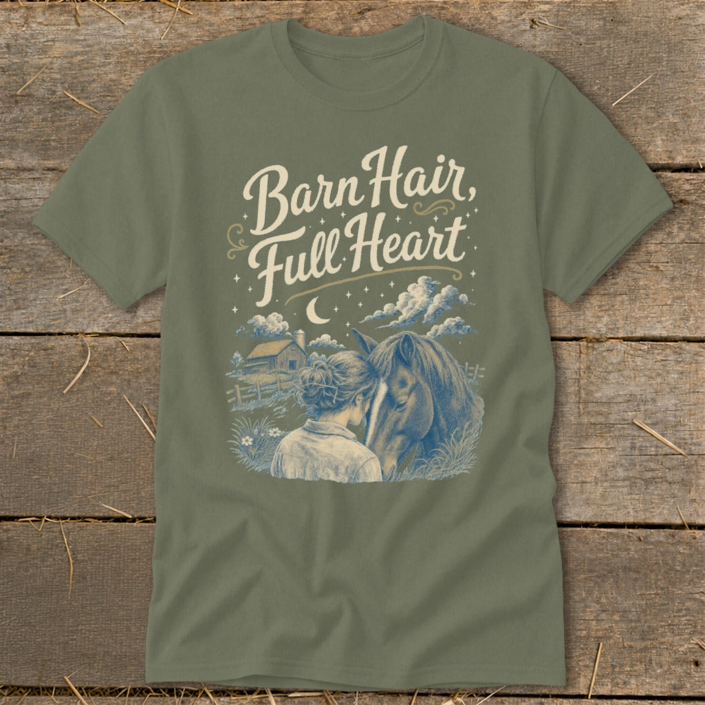 T-shirt with "Barn Hair, Full Heart" text over a girl and horse illustration.