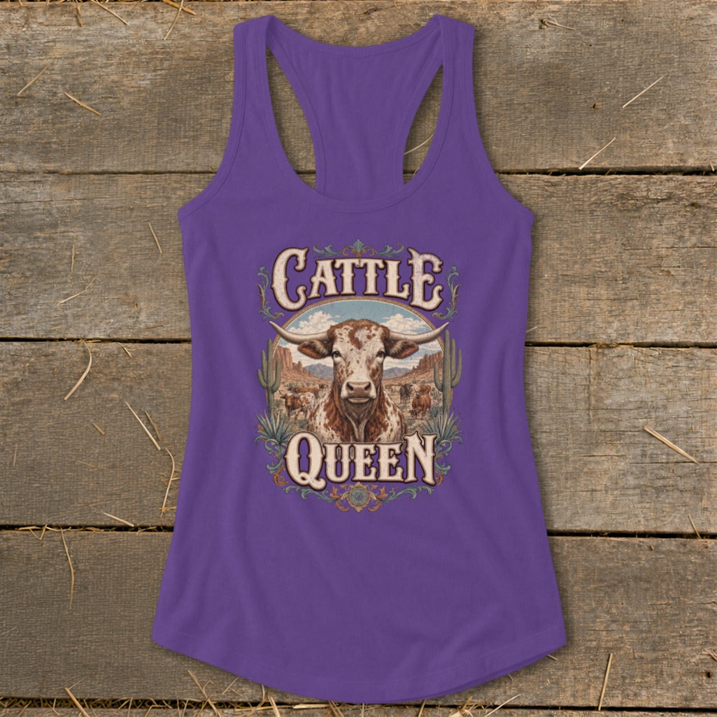 Purple tank top with "Cattle Queen" text and a longhorn cow graphic.