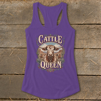 Purple tank top with "Cattle Queen" text and a longhorn cow graphic.