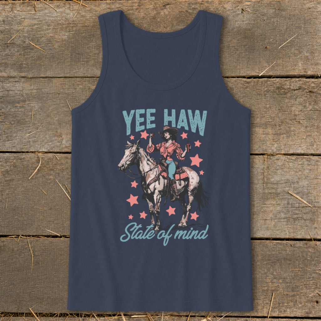 Navy tank top with "Yee Haw State of Mind" and cowgirl riding horse graphic.