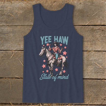 Navy tank top with "Yee Haw State of Mind" and cowgirl riding horse graphic.