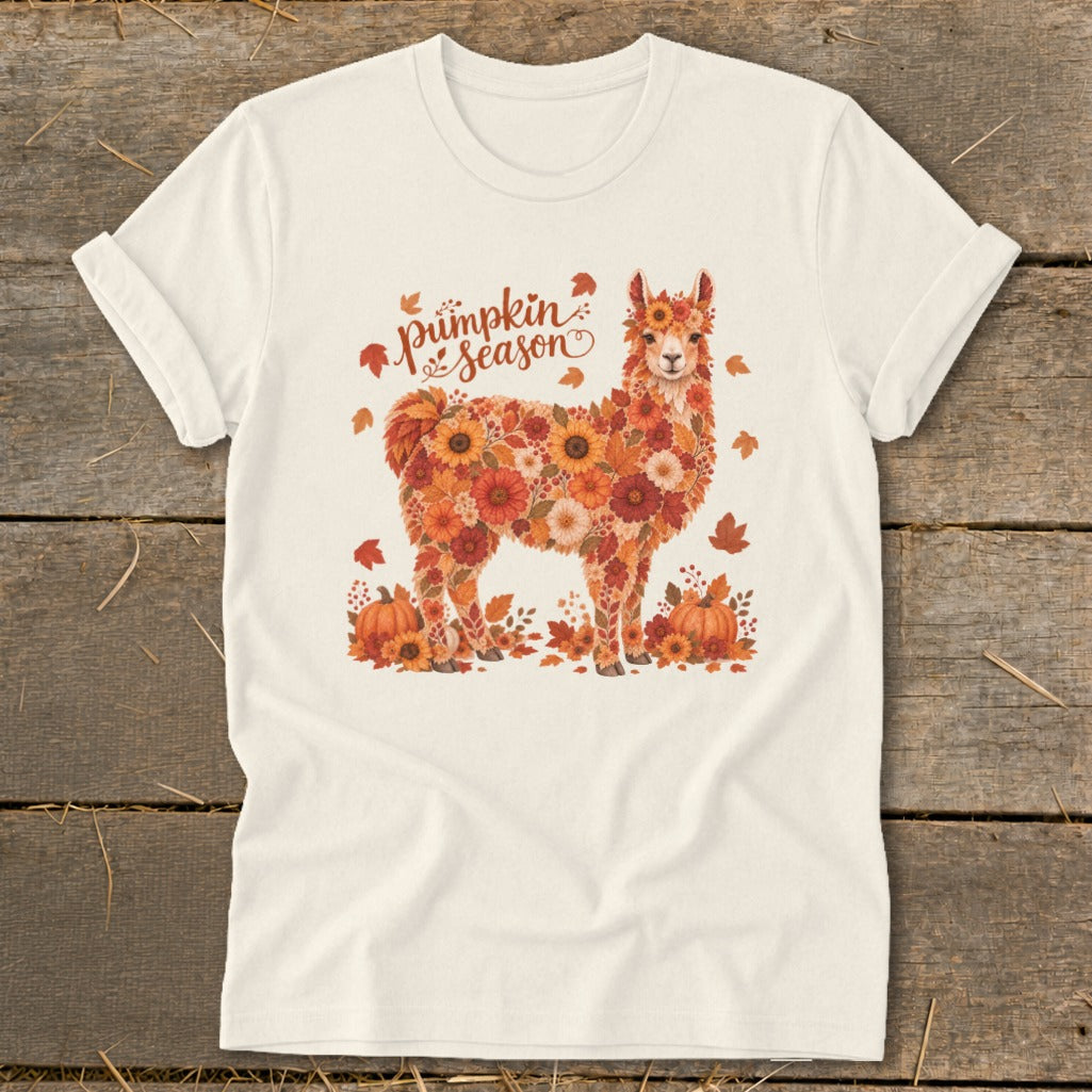 Cream t-shirt with a floral llama graphic and "Pumpkin Season" text.