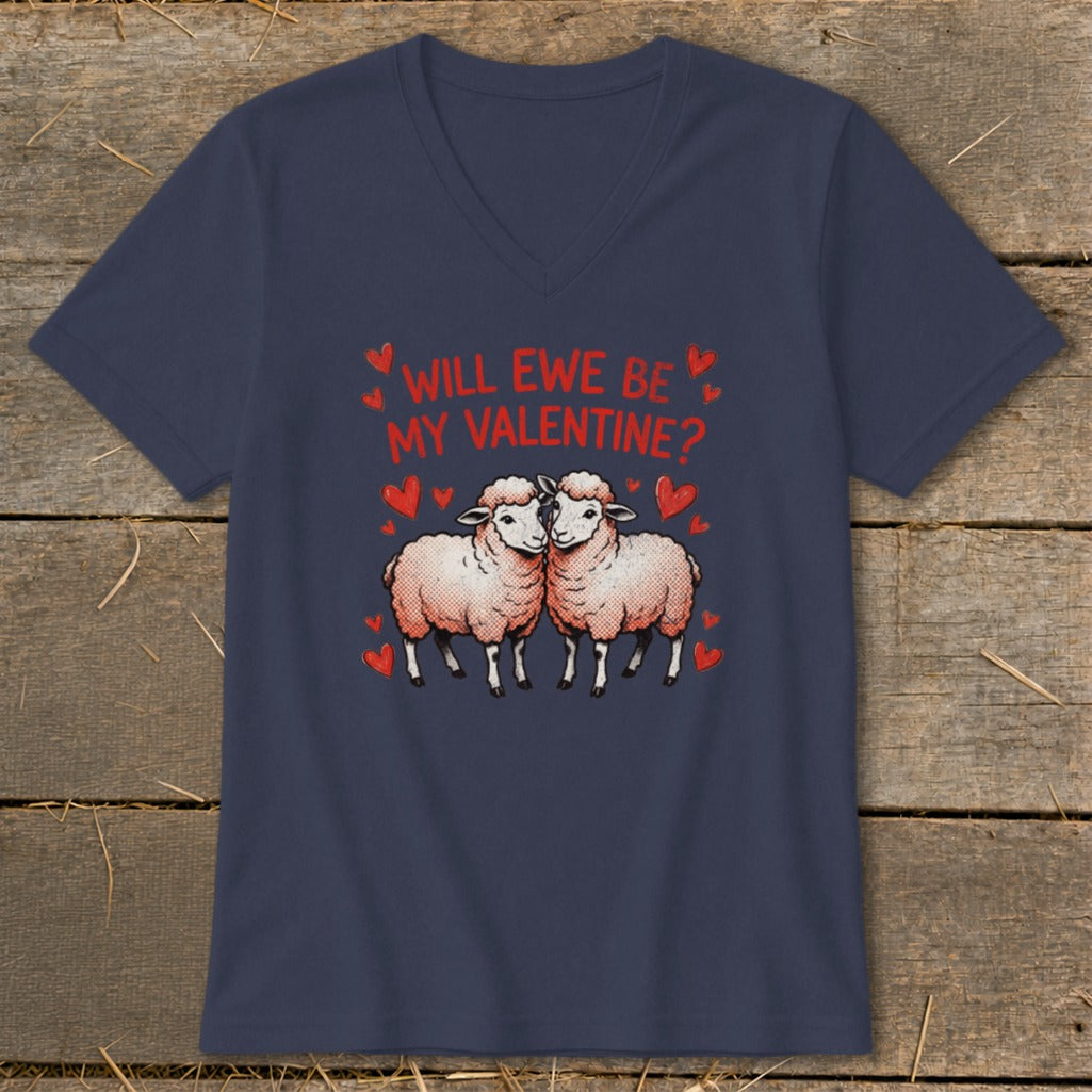 Navy t-shirt with two sheep and text "Will Ewe Be My Valentine?".