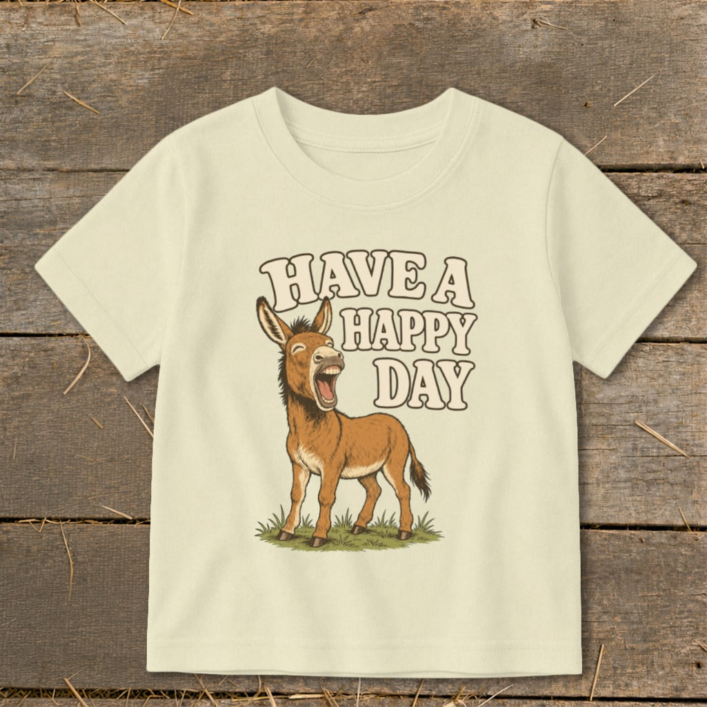 Children's t-shirt with a laughing donkey and the text "HAVE A HAPPY DAY".