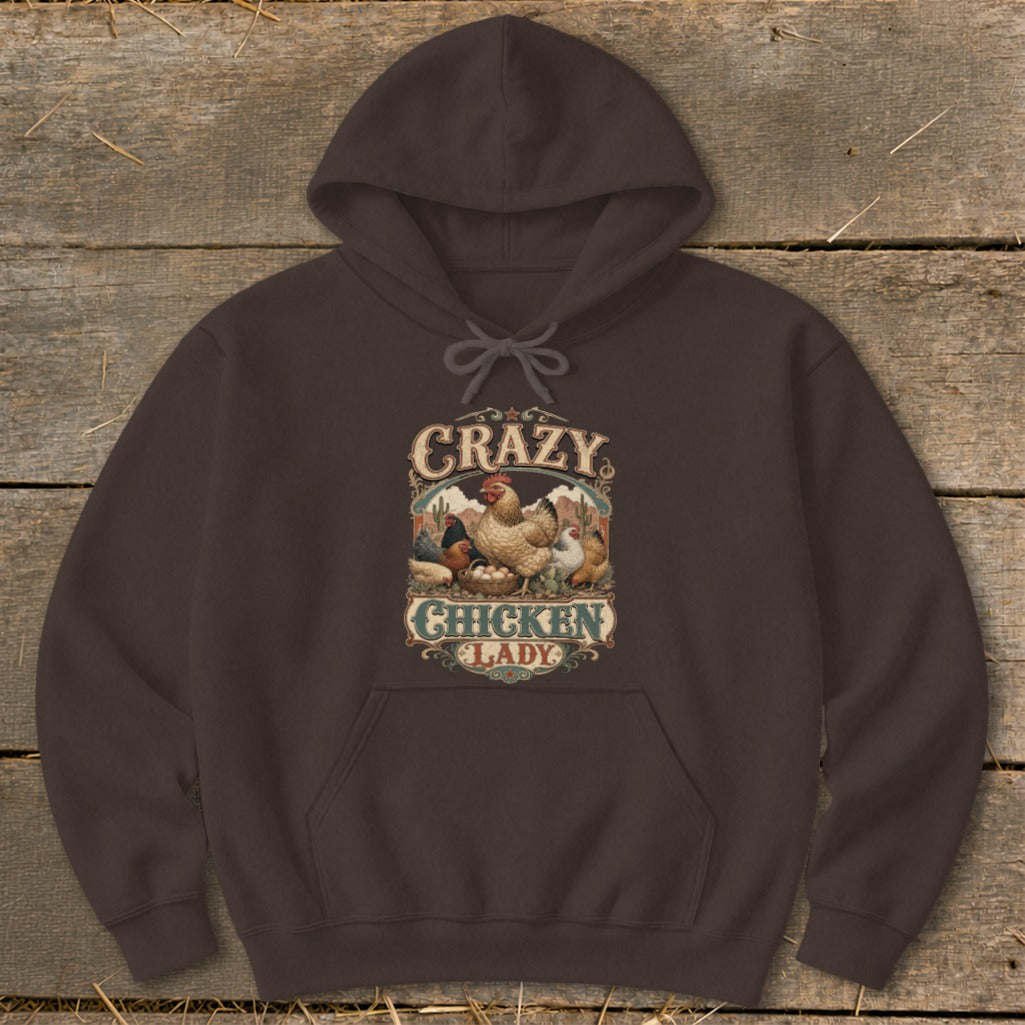 Brown hoodie with "Crazy Chicken Lady" graphic featuring chickens and eggs.