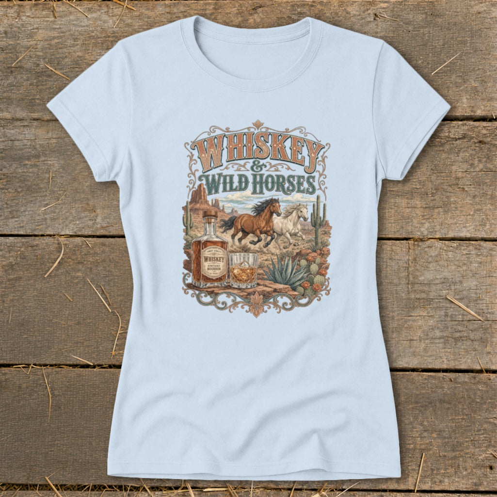 Graphic with "Whiskey & Wild Horses" text, running horses, and whiskey bottle.