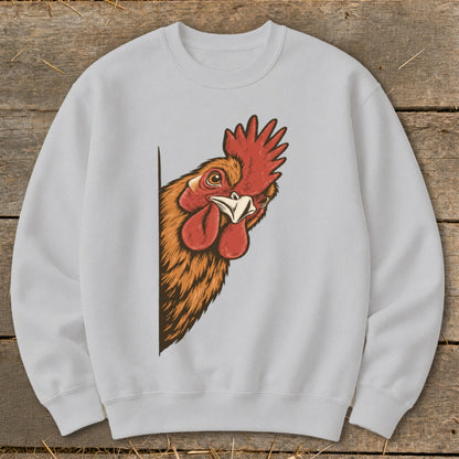Light gray sweatshirt with a rooster peeking from the side.