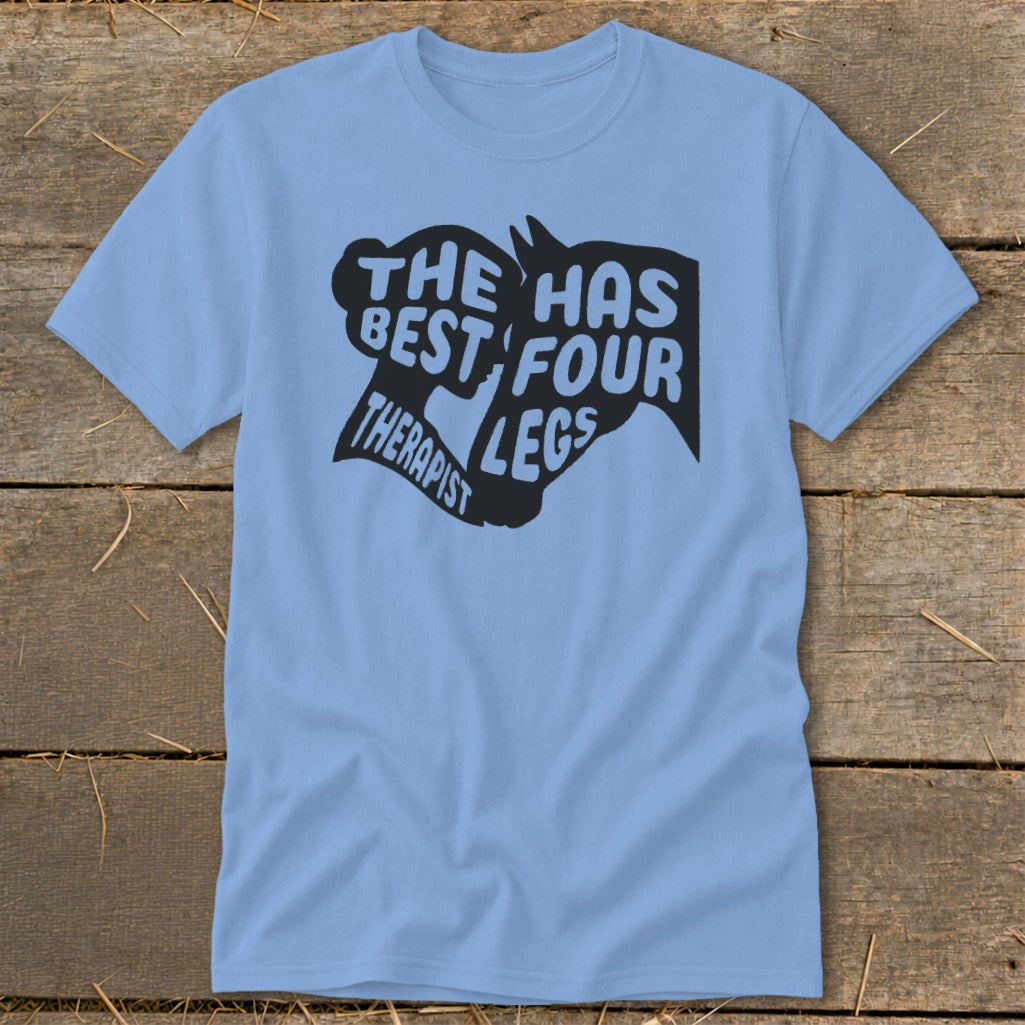Light blue t-shirt with black text that reads "The has best four therapist legs" in horse silhouettes.