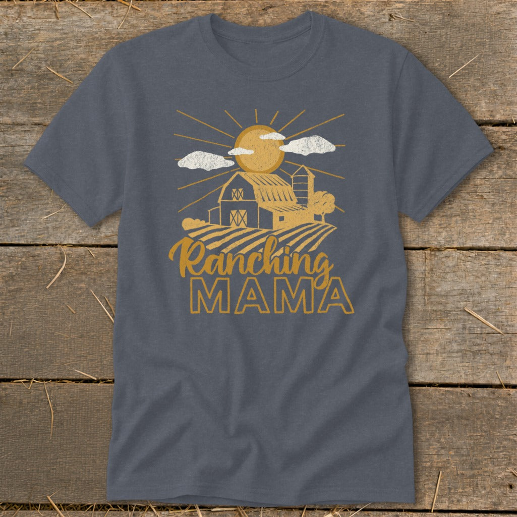 Dark gray t-shirt with "Ranching MAMA" graphic and barn scene.