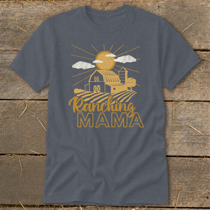 Dark gray t-shirt with "Ranching MAMA" graphic and barn scene.