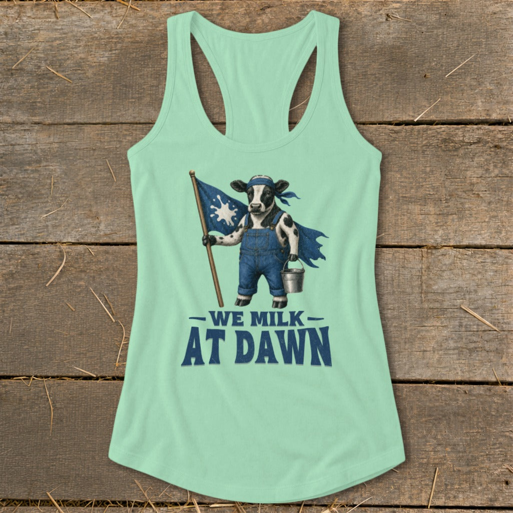 Mint green tank top with a cow wearing overalls holding a flag and milk pail.