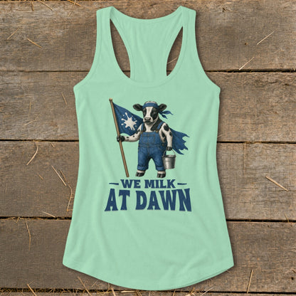 Mint green tank top with a cow wearing overalls holding a flag and milk pail.