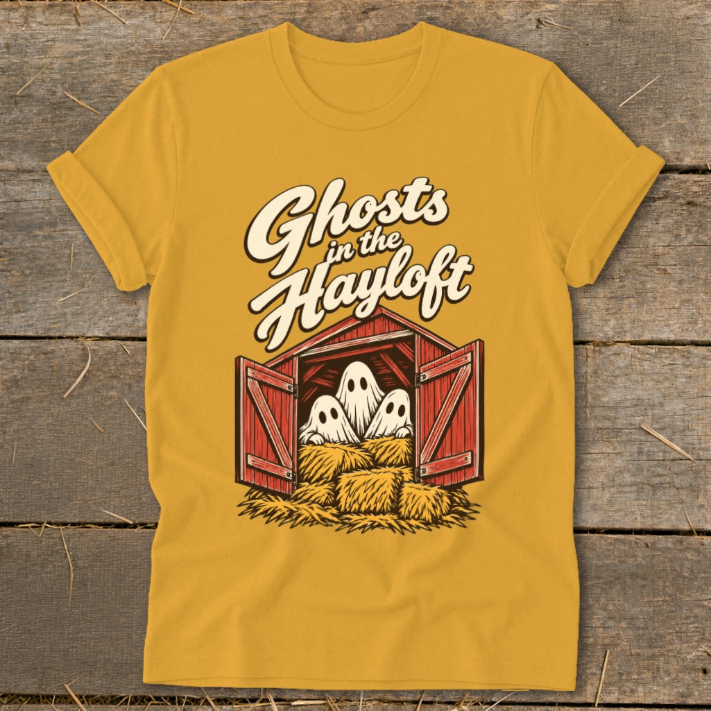Ghosts in the Hayloft graphic on a yellow t-shirt.