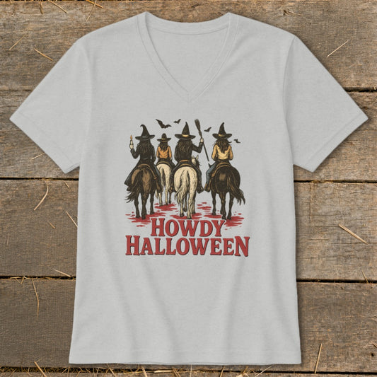 Four witches on horseback with bats and the text "Howdy Halloween".