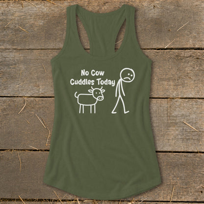 Green tank top with white text and cartoon of a cow and sad stick figure.