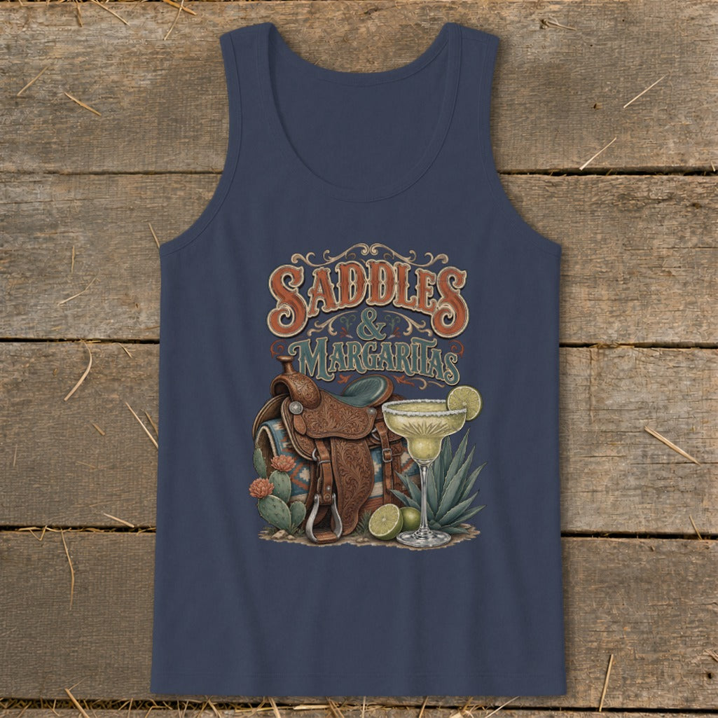 Dark blue tank top with a graphic of a saddle, margaritas, and desert plants.