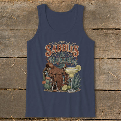 Dark blue tank top with a graphic of a saddle, margaritas, and desert plants.