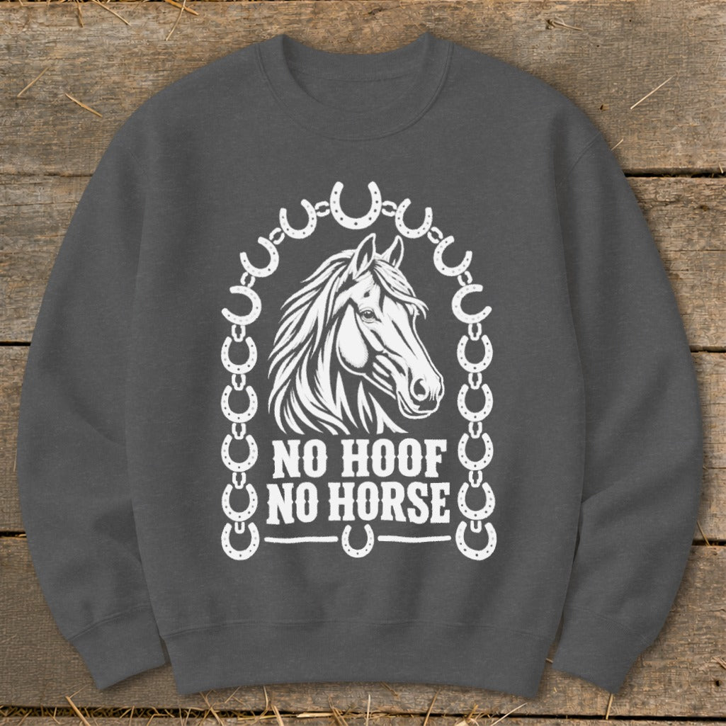 Dark grey sweatshirt with white horse head, horseshoes, and text "NO HOOF NO HORSE."