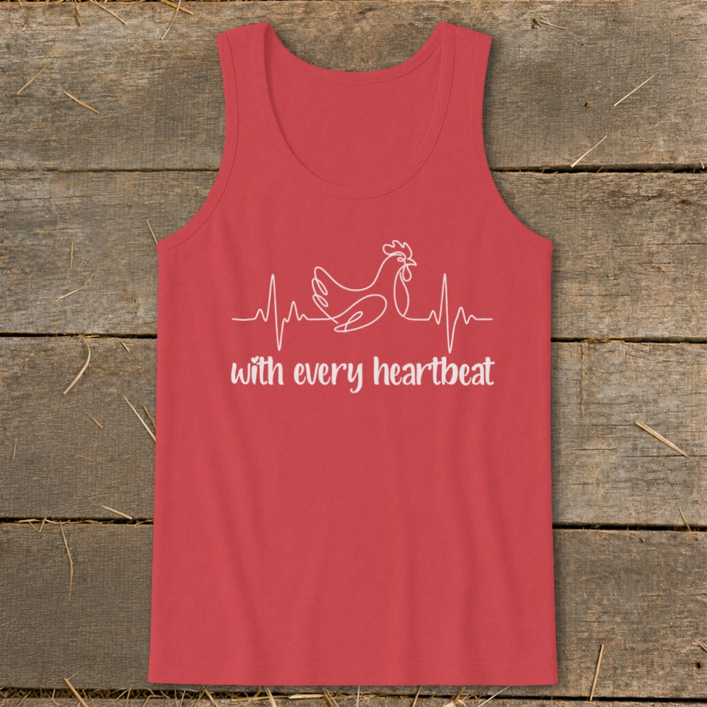 Red tank top with white chicken heartbeat graphic and text.